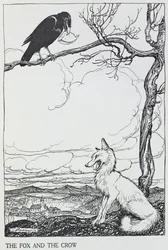 Räven och kråkan, illustration från "Aesops fabler", publicerad av Heinemann, 1912 (gravyr)