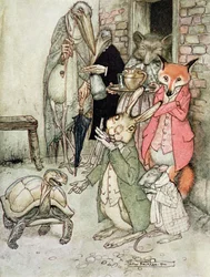 Haren och sköldpaddan, illustration från "Aesops fabler", publicerad av Heinemann, 1912 (se även 98211)