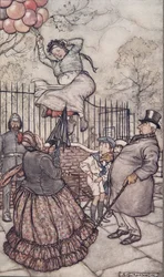 The Lady with the balloons, som sitter precis utanför, från Peter Pan i Kensington Gardens av J M Barrie (1860 - 1937), pub. 1906