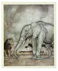 Lejonet, Jupiter och elefanten, illustration från "Aesops fabler", publicerad av Heinemann, 1912