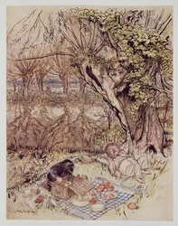 Mullvaden bad som en tjänst att få packa upp det helt själv, från Wind in the Willows av Kenneth Grahame (1859 - 1932), pub. 1940
