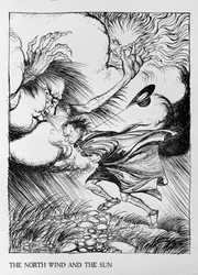 Nordanvinden och solen, illustration ur "Aisopos fabler", utgiven av Heinemann, 1912