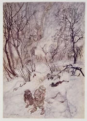 Råttan funderade ett tag och undersökte puckeln och sluttningarna som omgav dem, från Wind in the Willows av Kenneth Grahame (1859 - 1932), pub. 1940