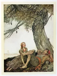 Resenärerna och platanen, illustration från "Aesops fabler", publicerad av Heinemann, 1912