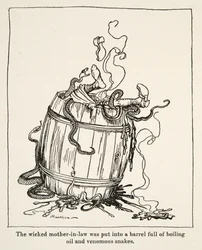 Den onda svärmor lades i en tunna full av kokande olja och giftiga ormar, från Little Brother & Little Sister and Other Tales av bröderna Grimm, pub.1917 (litho)