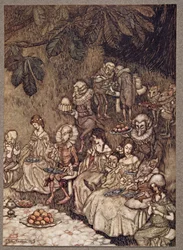 Feerna sitter runt på svampar, och till en början är de väluppfostrade, från Peter Pan i Kensington Gardens av J M Barrie (1860 - 1937), pub. 1906