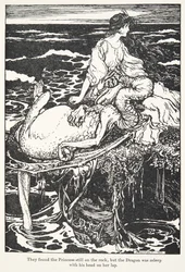Hon hittade prinsessan fortfarande på klippan, men draken sov med huvudet i hennes knä, från The Fairy Tales of the Brothers Grimm, pub. 1909