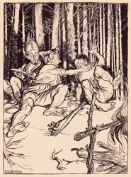 Jätten gav den som satt bredvid honom en låda på örat. Illustration av Arthur Rackham från Grimm