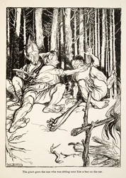 Jätten gav den som satt bredvid honom en låda på örat, från Little Brother & Little Sister and Other Tales av bröderna Grimm, pub.1917 (litho)
