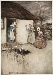De goda fruarna i byn misslyckades aldrig, i sina kvällsskvaller att lägga all skuld på Dame Van Winkle, från Rip Van Winkle av Washington Irving, pub. 1910