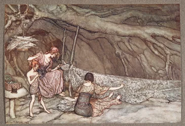 De små människorna väver sina sommargardiner av skelettblad .. , från Peter Pan i Kensington Gardens av J M Barrie (1860 - 1937), pub. 1906