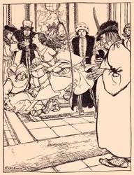 Den vackra jungfrun hoppade genom bågen lika lätt som ett rådjur. Illustration av Arthur Rackham från Grimms saga, De tre fjädrarna.