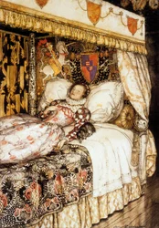 Den sovande prinsessan, illustration av Arthur Rackham för berättelse av Charles Perrault "Sleeping Beauty"