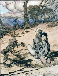 Sonen ritade en cirkel, och han och hans far tog plats i den, och den lille svarte mannen visade sig, illustration till Kungen av Guldberget i Bröderna Grimms sagor