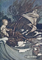 Det steg nu en mäktig storm, och han kastades hit och dit..., från Peter Pan i Kensington Gardens av J M Barrie (1860 - 1937), pub. 1906