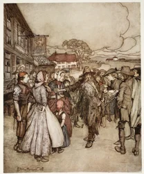 De trängdes runt honom och tittade på mig från topp till fot med stor nyfikenhet., från Rip Van Winkle av Washington Irving, pub. 1910