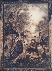 De blev så rasande att de slet upp träd med rötterna och hackade på varandra tills de båda föll döda, från The Fairy Tales of the Brothers Grimm, pub. 1909