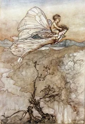 Titania the Queen of Fees flyger med sitt växlingsbarn på ryggen. Illustration av Arthur RACKHAM (1867-1939) för The Dream of a Summer Night av William SHAKESPEARE