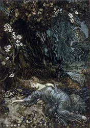 Avgifternas drottning Titania sover. Illustration av Arthur RACKHAM (1867-1939) för The Dream of a Summer Night av William SHAKESPEARE