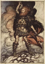 "Till min hammars sving sveper jag hitåt, till ångor och dimma! Svävande dimmor! Donner, din herre, kallar sina värdar!", illustration från "Rhinegold och valkyrian", 1910.
