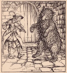 När björnen hörde musiken kunde han inte låta bli att börja dansa. Illustration av Arthur Rackham från Grimm
