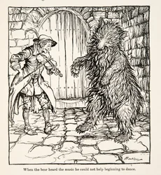 När björnen hörde musiken kunde han inte låta bli att börja dansa, från Little Brother & Little Sister and Other Tales av bröderna Grimm, pub.1917 (litho)