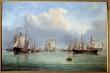 Havsfartyg och förtöjda segelbåtar. Målning av Arthur Wellington Fowles (1815-1883), 1800-talet, konstmuseet i Orléans
