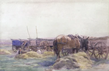 Hövagnar med häst (akvarell på papper)