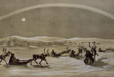 Ett unikt utseende av norrskenet ovanför en lappländsk renhjord som korsar Jerdis Javri, från Winter Sketches in Lapland, graverad av James Duffield Harding (1798-1863) 1825 (gravyr