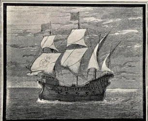 Spansk galeon från 1500-talet. Gravyr. SPANIEN. ARAGON. Zaragoza. Allmänna militärakademin