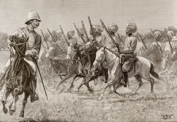 Brittiska imperiet (19:e århundradet). De nya regementena i Burma. Kompani av beridet infanteri från det andra regementet. Gravyr.