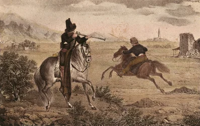 CABRERA Y GRINO, Ramon (1806-1877). Spansk carlistmilitär. Spanien. Carlistkrigen. Cidens kavalleri. Bild från "Album de tropas carlistas de Aragon". Litografi. Privat samling