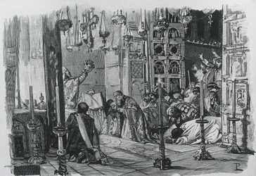 KARL DEN STORE eller KARL I (742-814). Frankernas och langobardernas kung (768-814) och tysk-romersk kejsare (800-814). Karl den stores kröning till tysk-romersk kejsare (800).
