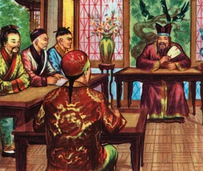 Konfucius, eller Kong Fu Zi, med sina elever (tryck)