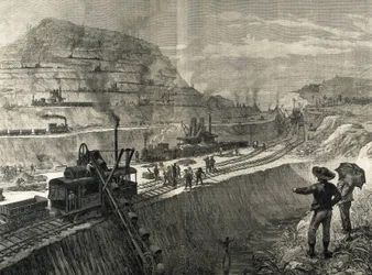 Byggandet av Panamakanalen. Muddringsarbeten i byn Culebra. Originalritning av Meltor Prior. Bilden publicerad i "The Illustrated London News". Gravyr.
