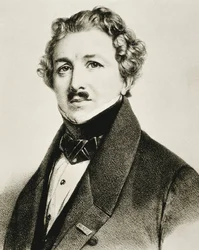 DAGUERRE, Louis-Jacques-Mande (1787-1851). Engelsk uppfinnare som förbättrade fotografin. Litografi.