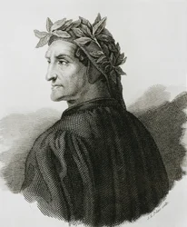 DANTE ALIGHIERI (1265-1321). Italiensk poet; Raphael (1483-1520). Reproduktion av en fresk av Rafael. Gravyr.