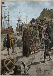 Christopher Columbus och hans följeslagare avgår från hamnen i Palos i Spanien 3 augusti