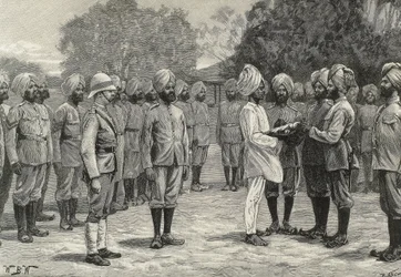 England (1800-talet). Kolonisering. Indien. De nya regementena i Burmah. Avläggande av ed för nya rekryter. Gravyr. Privat samling