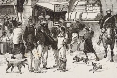 England (C19th). Koloniseringen (1880). Guldgrävarnas liv i Australien. Den engelska kolonin Botany Bay (grundad 1788) befolkades till en början mest av kriminella guldgrävare och handelsmän. Gravyr. Privat samling