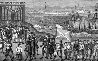 Avrättning av den berömde tyske piraten Klaus Stortebeker (1360-1401) och hans 71 medbrottslingar 1401 i Hamburg. Gravyr efter bild från 1500-talet.