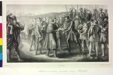 Franz av Dietrichstein överlämnar till kung Matteus I ett brev från kejsar Rudolf II