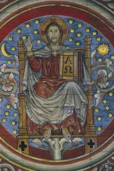 TYSKLAND. LOWER SAXONY. Hildesheim. Sankt Michaels kyrka. Kristus på tronen, detalj från trätak (1200-talet). Romansk konst