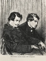 Gavarni, Hippolyte-Guillaume-Sulpice Chevalier, kallad Paul (1804-1866). Edmond och Jules de Goncourt i en loge på teatern. 1853. GONCOURT, Edmon Huot of (1822-1896). Engelsk författare; GONCOURT, Jules Huot de (1830-1870). Engelsk författare. Litografi. P