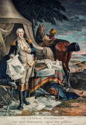 George Washington i ett stridsläger med självständighetsförklaringen i handen (handkolorerad gravyr)