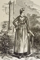 Tyskland (C19th). Samhälle (1879). Alsace. Kvinnor i regionen. Just nu innehas Alsace av den tyska riksdagen (1871-1918). Gravyr. Privat samling