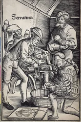Gersdorff, Hans von (1455 - 1529). Tysk kirurg. Amputation av ett ben. Träsnitt av Hans Wechtlin för boken "Feldtbuch der Wundartzney" (Fältbok i kirurgi)