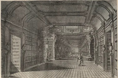 Interiör från det gamla biblioteket i Saint Genevieve (Sainte Genevieve) på 1700-talet-