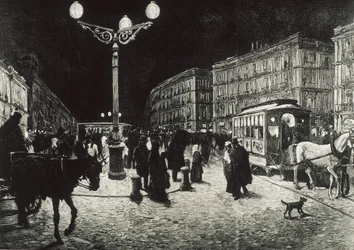 Madrid (1878). Puerta del Sol upplyst med elektriskt ljus. Bild efter en teckning av Pellicer för "La Ilsutracion Espanola y Americana". Etsning.