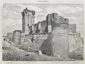 Medina del Campo. Mota-slottet. Gravyr. SPANIEN. ARAGON. Zaragoza. Allmänna militärakademin